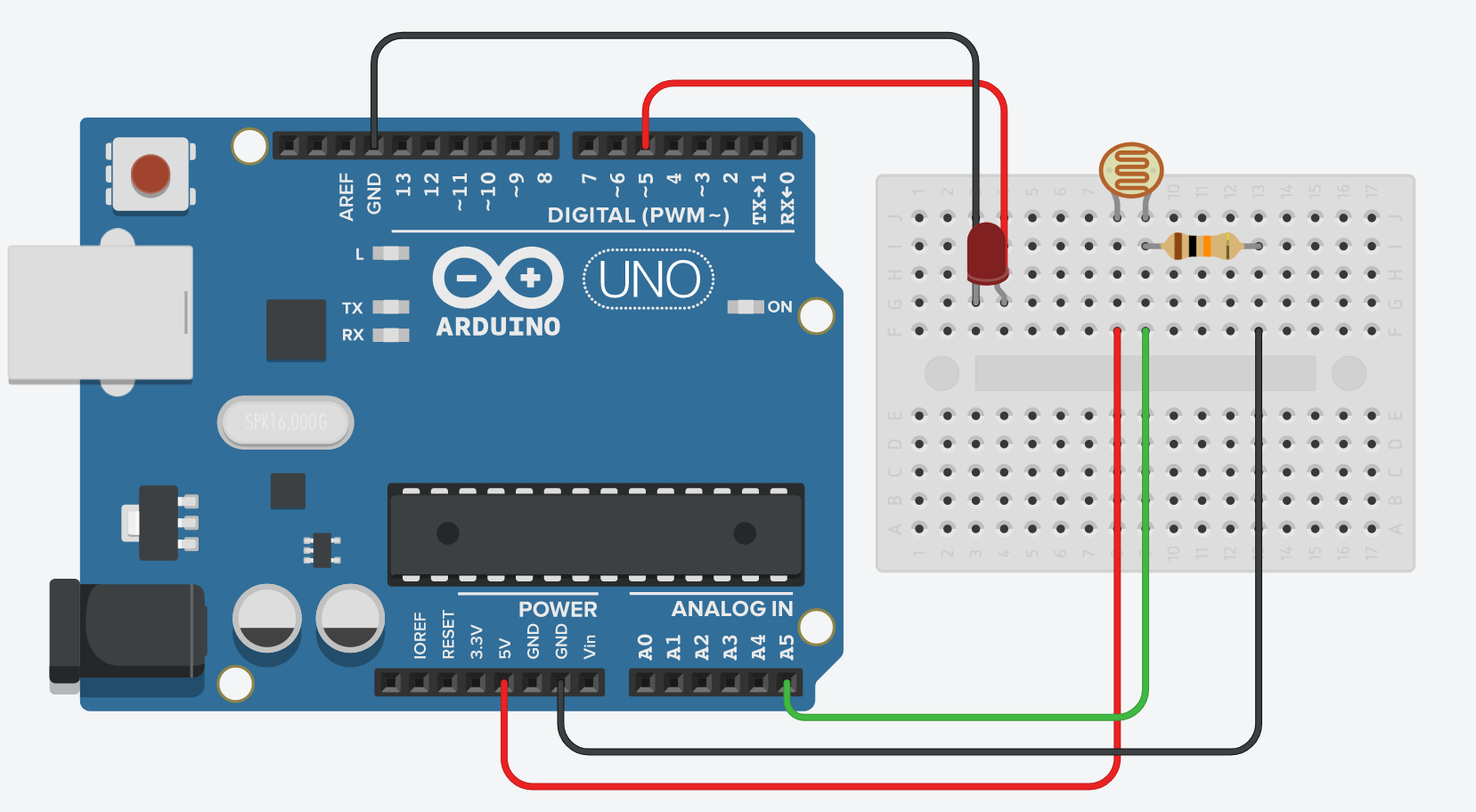 Circuit diagram of Arduino, photoresistor, resistor and LDR (photoresistor and resistor used to create voltage-divider)