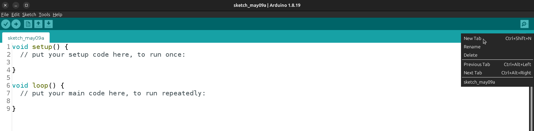 How to create new tab in Arduino IDE (from toggle menu on right side of open tabs)