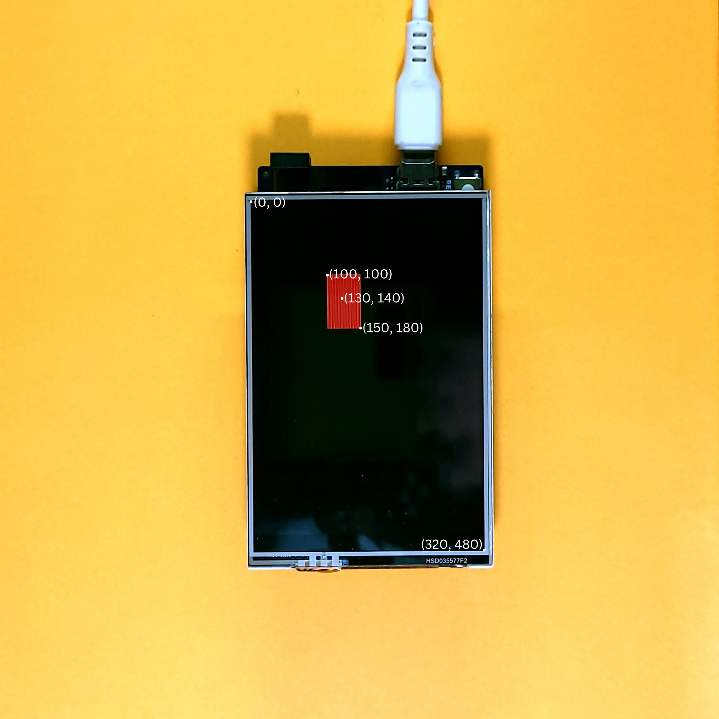 Rectangle drawn on ILI9486 TFT LCD Shield (pixel-coordinates marked)