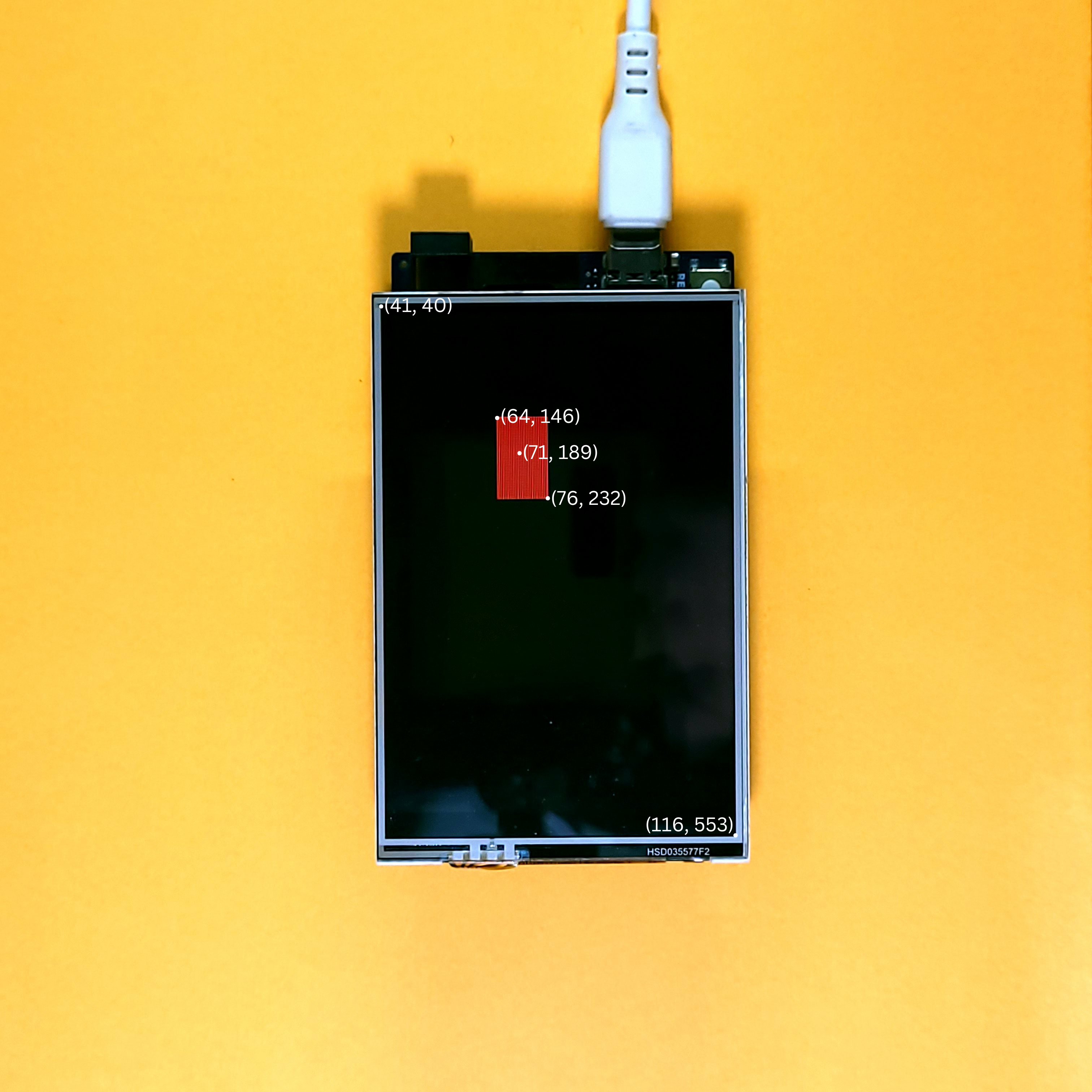 Rectangle drawn on ILI9486 TFT LCD Shield (touchscreen-coordinates marked)