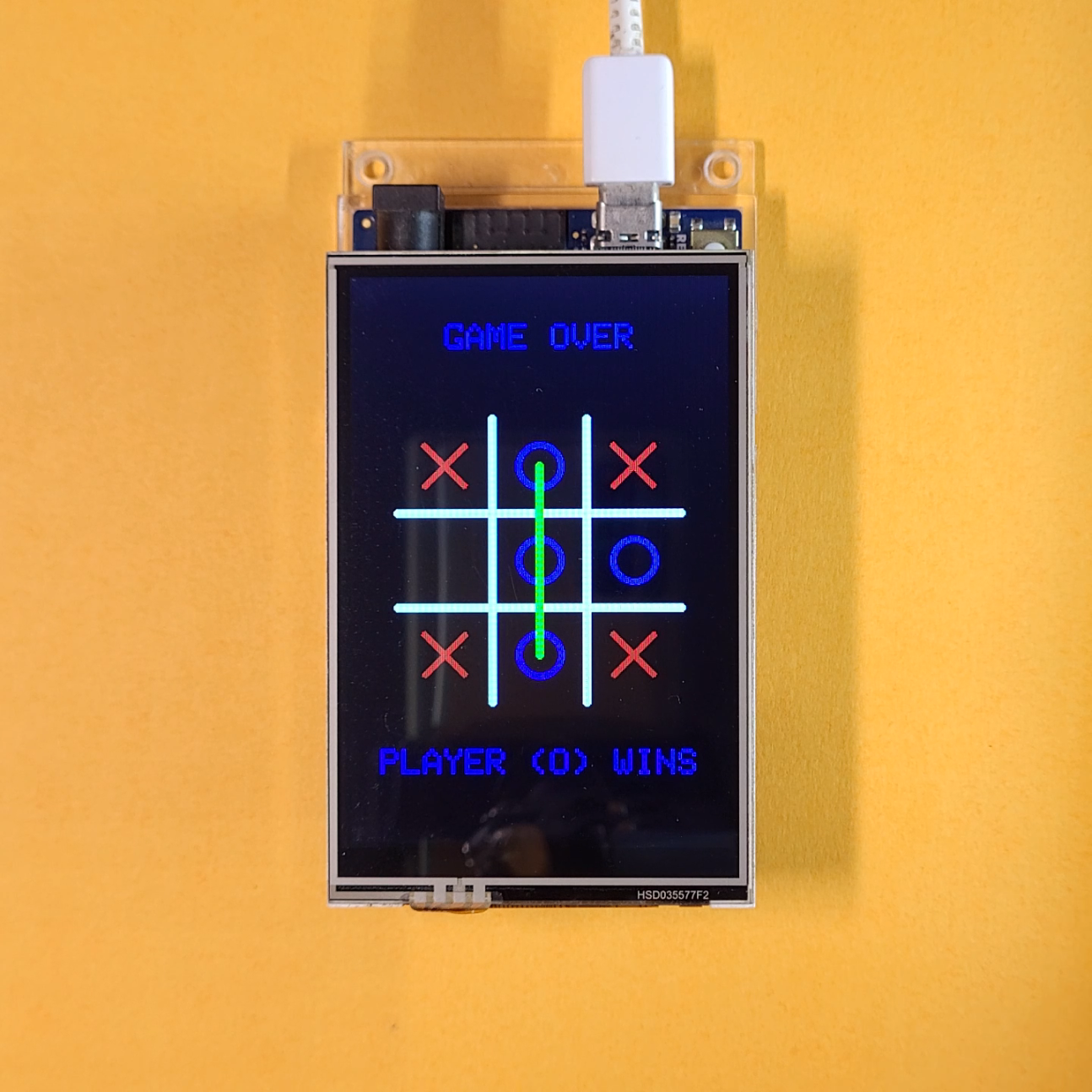 Player winning tic-tac-toe as O on the ILI9486 TFT LCD Shield